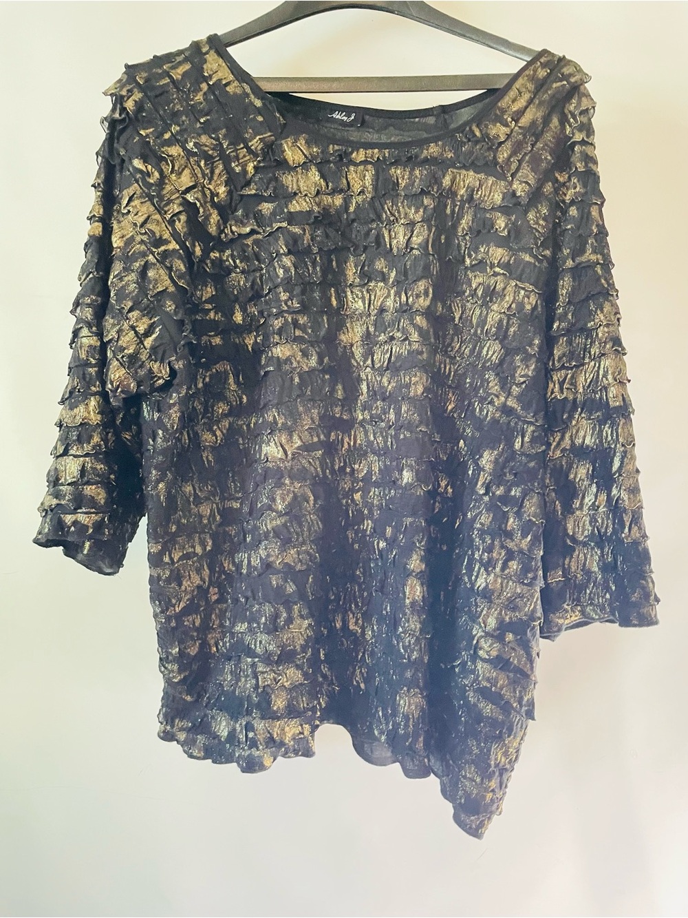 Ashley By 26 International Black and Gold Textured Ruffle Tunic